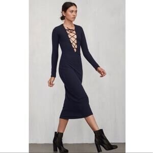 Reformation Edison Lace-Up Rib Knit Midi Dress in Black, Size Small